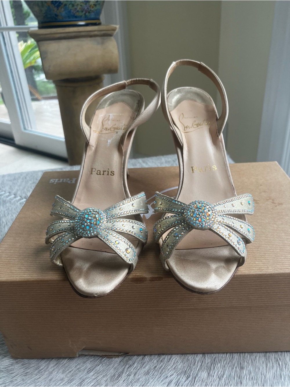 Christian Louboutin Champagne Crystal Bow Slingback Heels